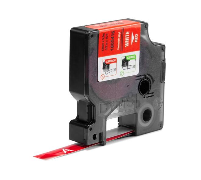 Labeltape Dymo Rhino industrieel vinyl 12mm wit op rood