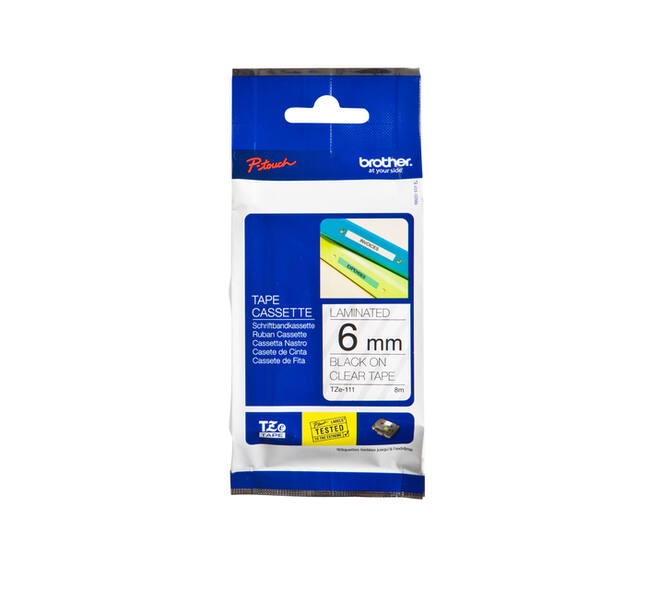 Labeltape Brother P-touch TZe-111 standaard 6mm zwart op transparant