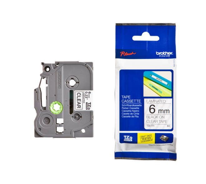 Labeltape Brother P-touch TZe-111 standaard 6mm zwart op transparant