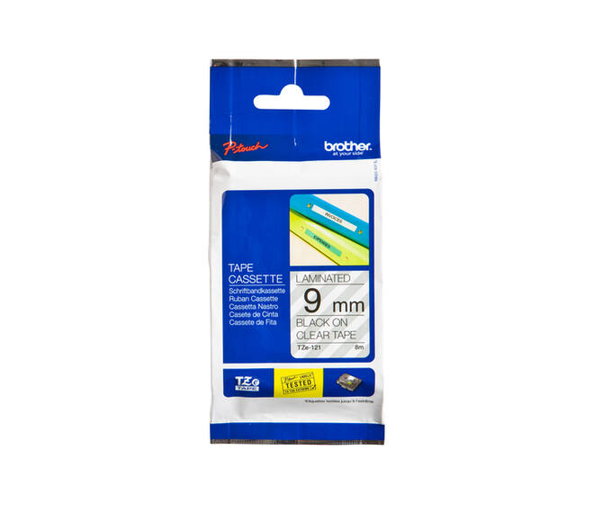 Labeltape Brother P-touch TZe-121 standaard 9mm zwart op transparant