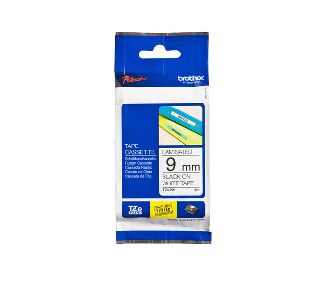 Labeltape Brother P-touch TZe-221 standaard 9mm zwart op wit