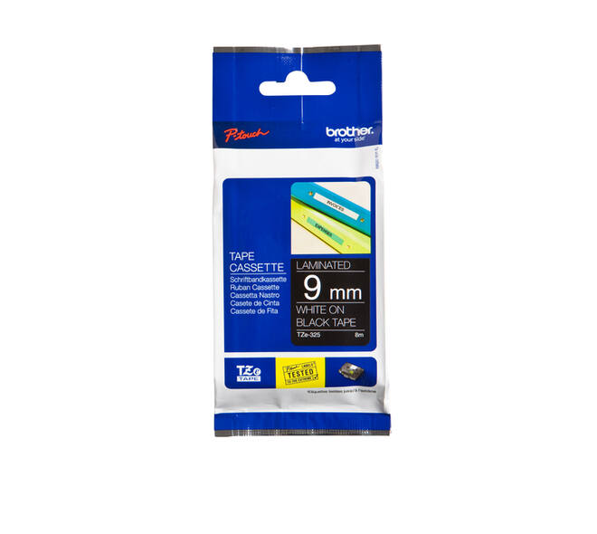 Labeltape Brother P-touch TZe-325 standaard 9mm wit op zwart