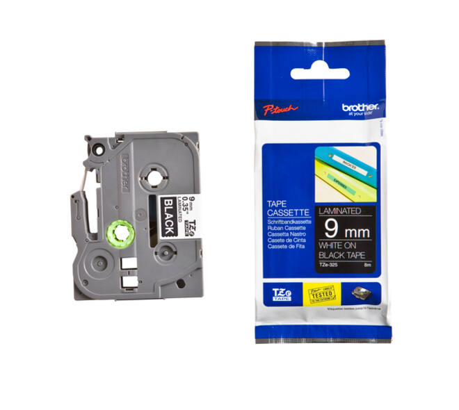 Labeltape Brother P-touch TZe-325 standaard 9mm wit op zwart