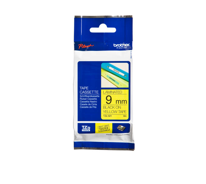 Labeltape Brother P-touch TZe-621 standaard 9mm zwart op geel