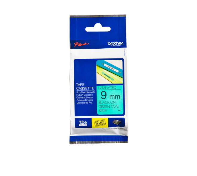 Labeltape Brother P-touch TZe-721 standaard 9mm zwart op groen