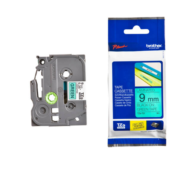 Labeltape Brother P-touch TZe-721 standaard 9mm zwart op groen