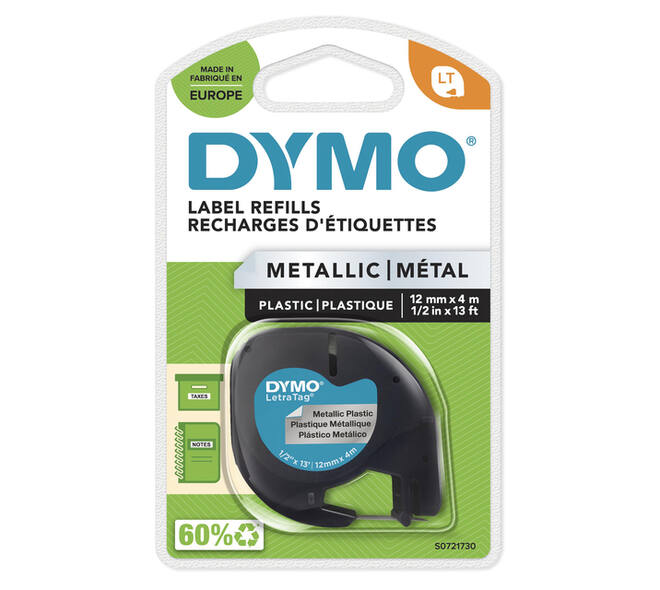 Labeltape Dymo LetraTag metallic 12mm zwart op zilver