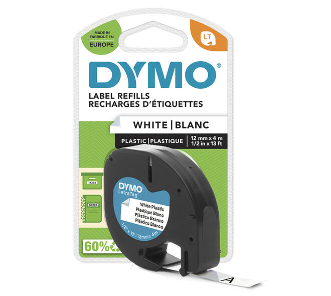 Labeltape Dymo LetraTag plastic 12mm zwart op wit
