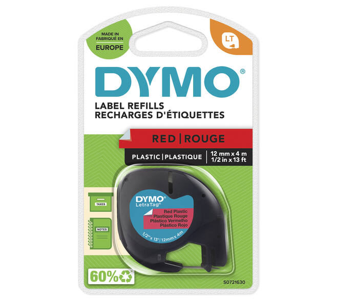 Labeltape Dymo LetraTag plastic 12mm zwart op rood