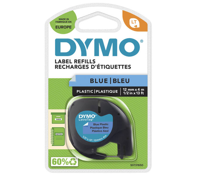 Labeltape Dymo LetraTag plastic 12mm zwart op blauw