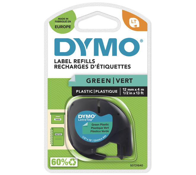 Labeltape Dymo LetraTag plastic 12mm zwart op groen