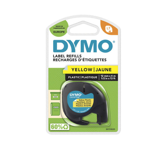 Labeltape Dymo LetraTag plastic 12mm zwart op geel