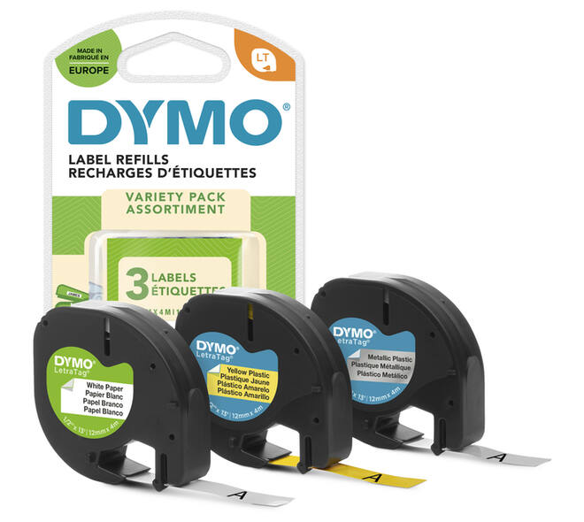 Labeltape Dymo LetraTag 12mm assorti 3 stuks