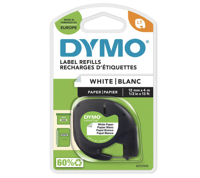 Labeltape Dymo LetraTag papier 12mm zwart op wit
