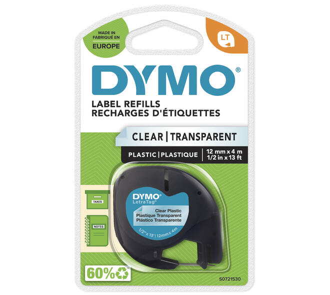 Labeltape Dymo LetraTag plastic 12mm zwart op transparant