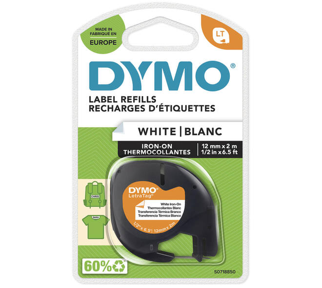 Labeltape Dymo LetraTag strijkbaar 12mm zwart op wit