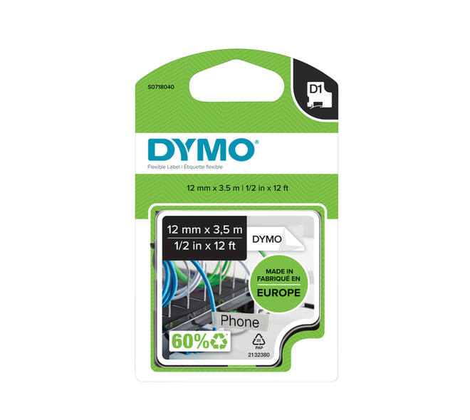 Labeltape Dymo LabelManager D1 nylon 12mm zwart op wit