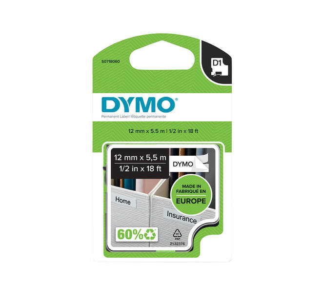 Labeltape Dymo LabelManager D1 polyester 12mmx5.5m zwart op wit