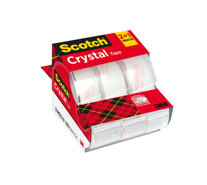 Plakband Scotch Crystal 600 19mmx7.5m transparant 2+1 gratis + handdispenser