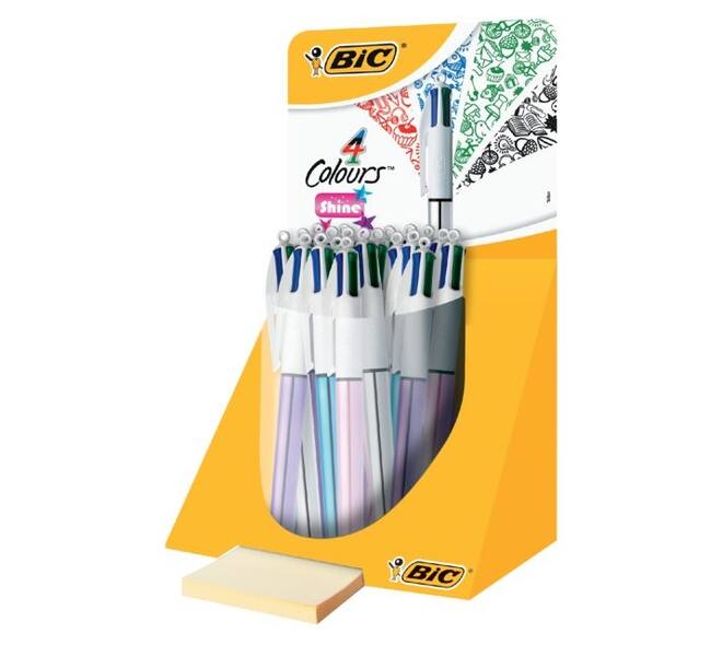 Balpen Bic 4kleuren shine medium zilver/paars/roze/blauw