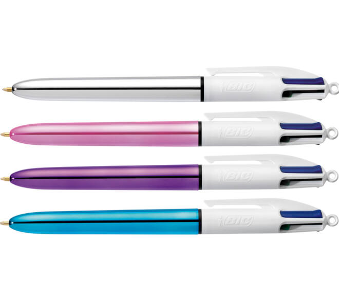 Balpen Bic 4kleuren shine medium zilver/paars/roze/blauw