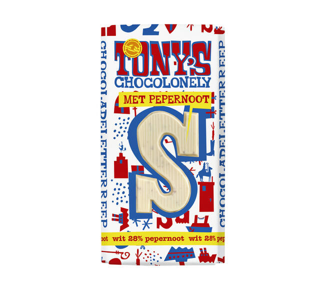 Chocoladeletter Tony's Chocolonely wit pepernoot S 180gr