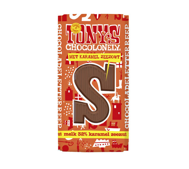 Chocoladeletter Tony's Chocolonely melk karamel zeezout S 180gr