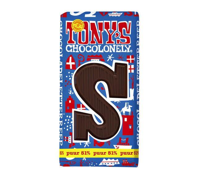 Chocoladeletter Tony's Chocolonely puur S 180gr