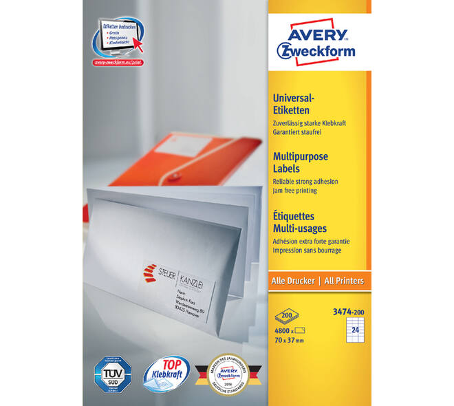 Etiket Avery 3474-200 70x37mm wit 4800 stuks