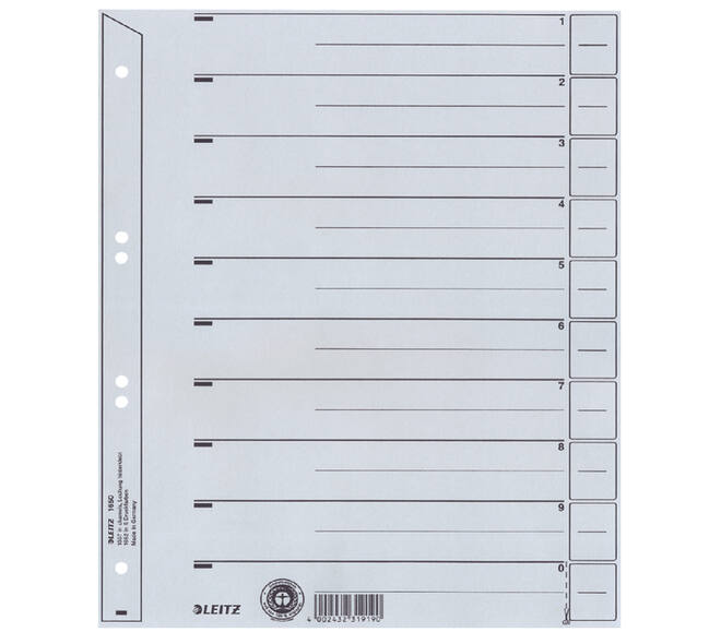 Scheidingsbladen Leitz A4 karton 200gr 6-gaats grijs 100 stuks