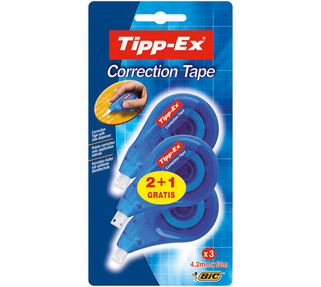 Correctietape Tipp-Ex zijwaarts 4.2mmx12m blister 2+1 gratis
