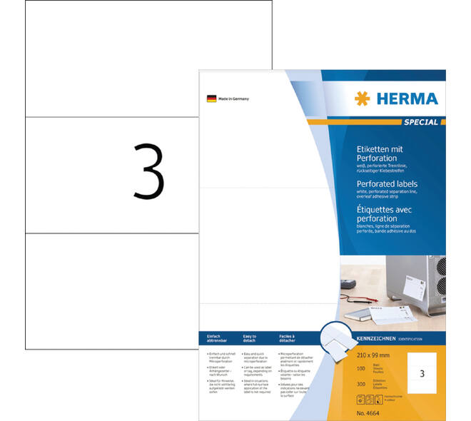 Etiket HERMA 4664 210x99mm geperforeerd wit 300 stuks