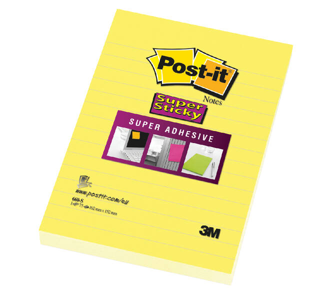 Memoblok Post-it 660 Super Sticky 102x152 geel met lijn 75 vel