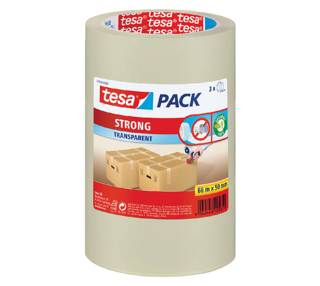 Verpakkingstape tesapack® Strong 66mx50mm PP transparant 3 rollen