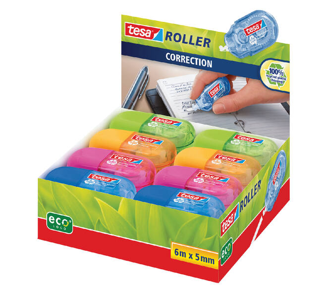 Correctietape tesa® ecoLogo® mini 5mmx6m doos à 16 stuks assorti