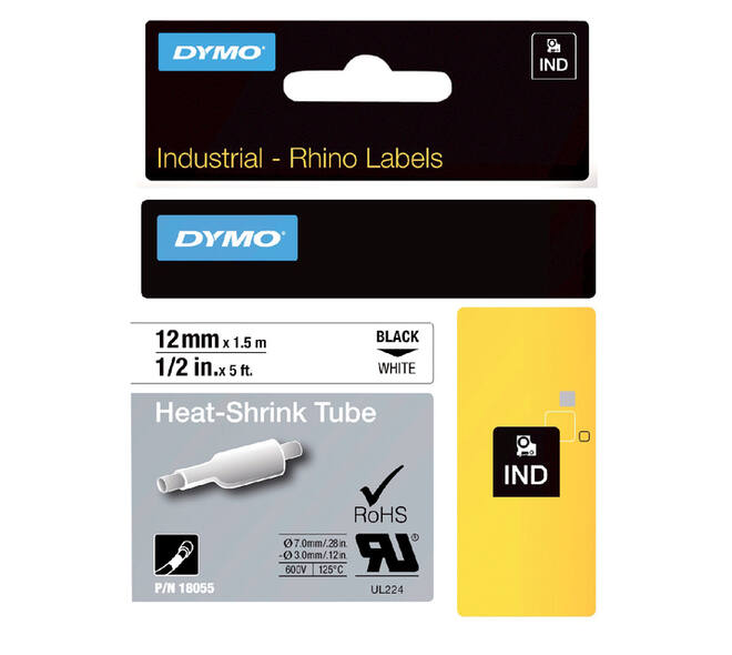 Labeltape Dymo Rhino industrieel krimpkous 12mm zwart op wit