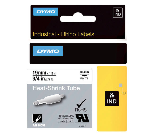 Labeltape Dymo Rhino industrieel krimpkous 19mm zwart op wit