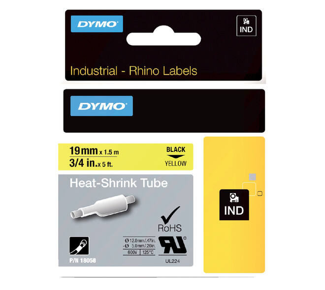 Labeltape Dymo Rhino industrieel krimpkous 19mm zwart op geel