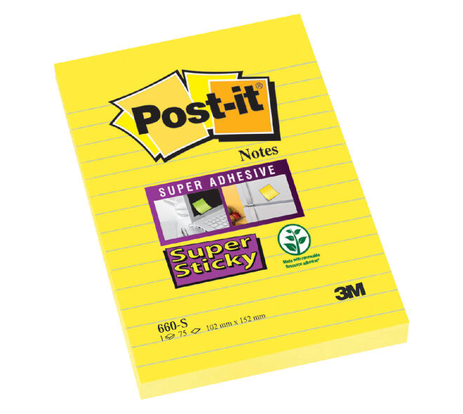 Memoblok Post-it 660 Super Sticky 102x152 geel met lijn 75 vel