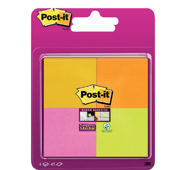 Memoblok Post-it 6910 Super Sticky 51x51mm assorti 4 stuks
