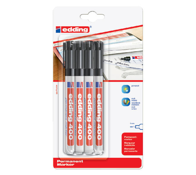 Viltstift edding 400 rond 1mm zwart blister à 4 stuks