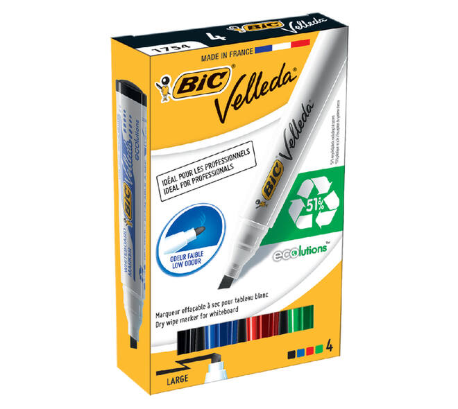 Whiteboardmarker Bic Velleda 1751 schuin large assorti set à 4 stuks