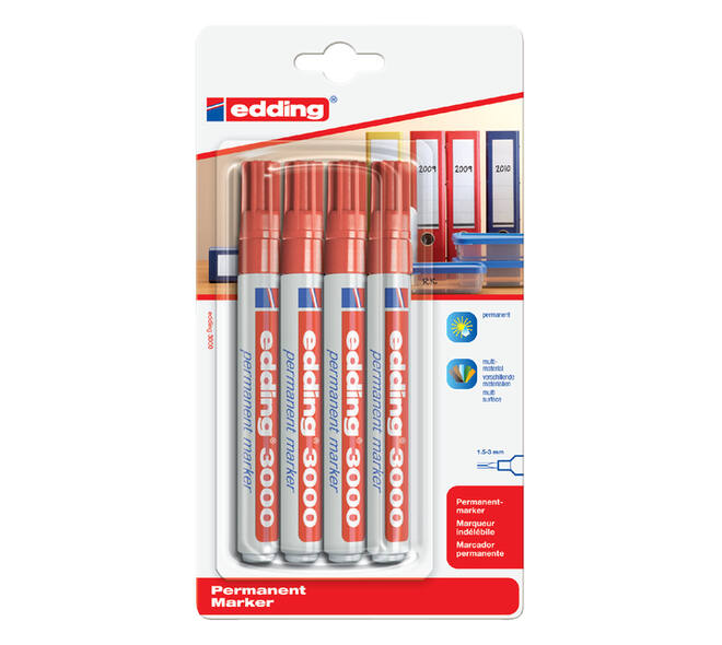 Viltstift edding 3000 rond 1.5-3mm rood blister à 4 stuk