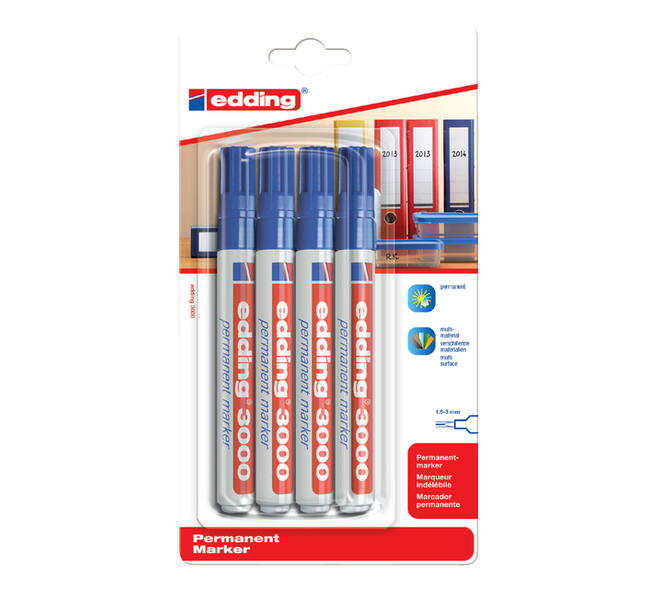 Viltstift edding 3000 rond 1.5-3mm blauw blister à 4 stuks