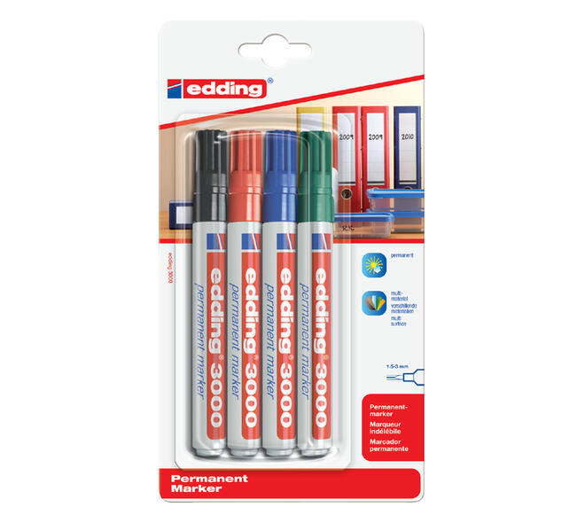 Viltstift edding 3000 rond 1.5-3mm assorti blister à 4 stuks