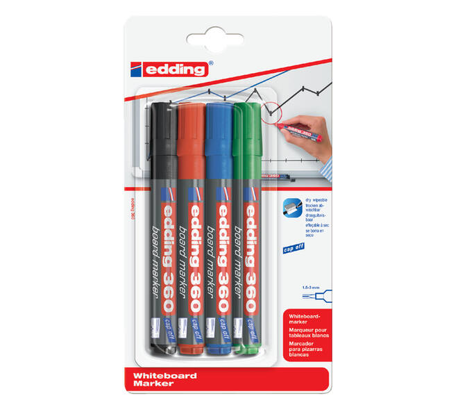 Whiteboardmarker edding 360 rond 1.5-3mm assorti blister à 4 stuks