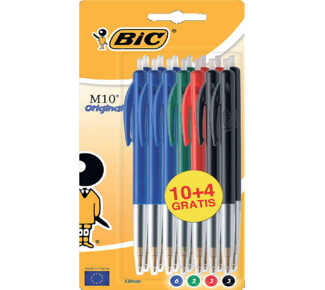 Balpen Bic M10 medium assorti blister à 10+4 gratis