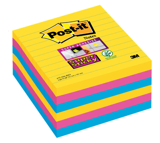 Memoblok Post-it 675 Super Sticky 101x101mm lijn Rio 6 stuks