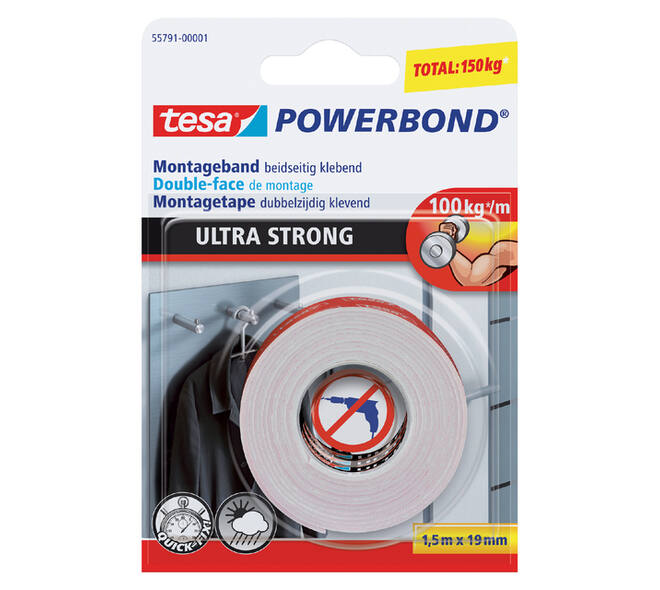 Plakband tesa® Powerbond Ultra Strong dubbelzijdig 1,5mx19mm wit