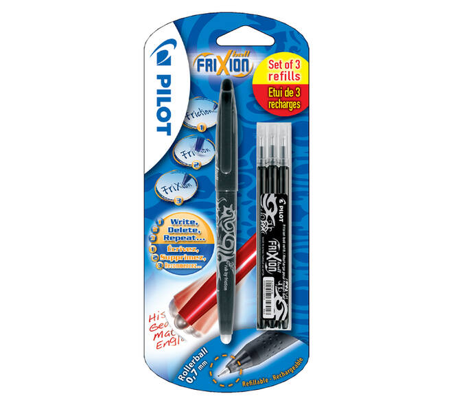 Rollerpen PILOT friXion medium zwart blister à 1 stuk + 3 vullingen
